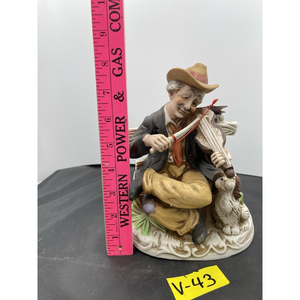 Old Man Sitting On Bench‎ Play Violin With Dog Capodimonte Tag - Picture 7 of 10